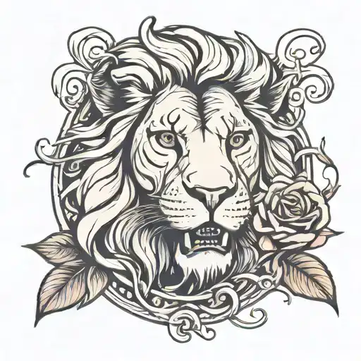 Lion Face Biting A Draped Rose Intertwined
