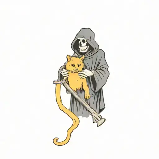 Grim Reaper With Cat Curled With Memento Mori Written