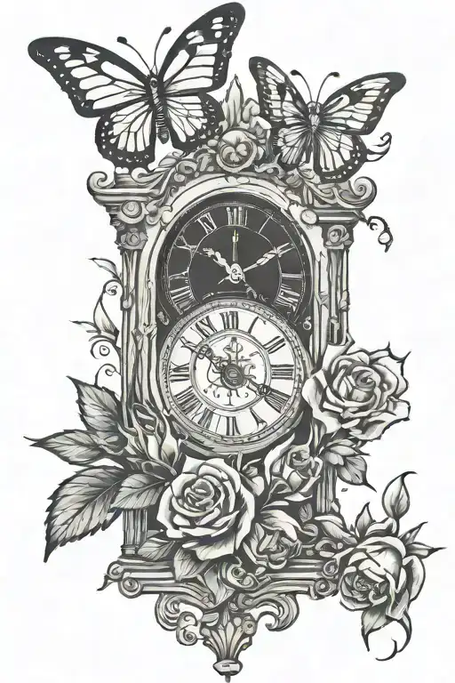 Grandfather Clock With A Rose On Each Side And Monarch Butterflier