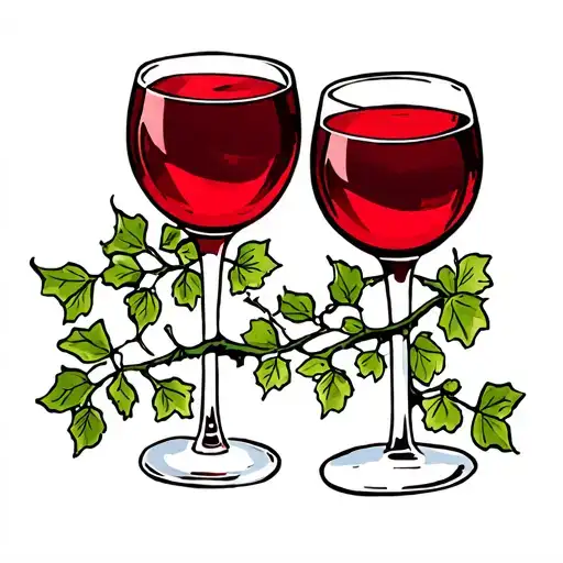 2 Red Wine Glasses With Vine Bush Branch Long