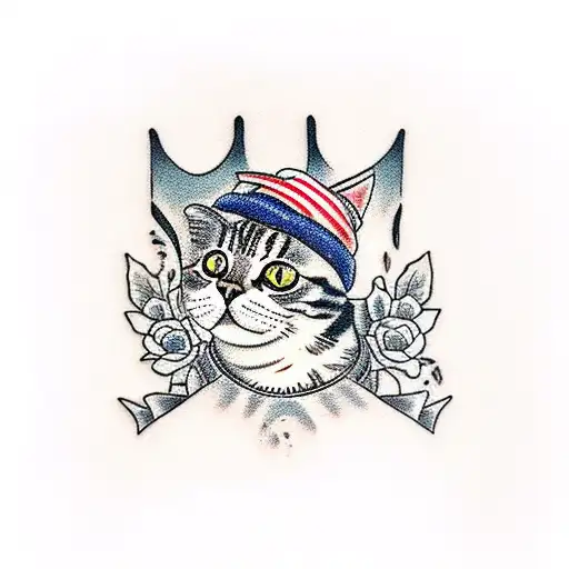 American Traditional Tattoo Of A Cat Wearing A Barista Apron And Serving Coffee