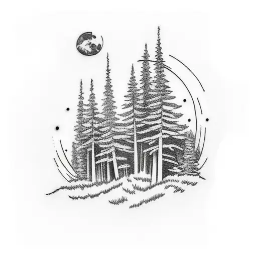 A Scene Of Pine Trees Surrounded By Moon Phases