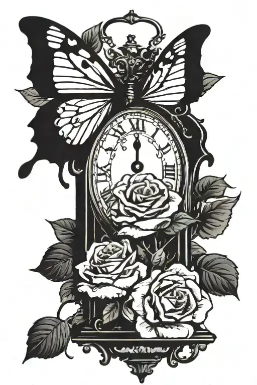 Grandfather Clock With A Rose On Each Side And Monarch Butterflier