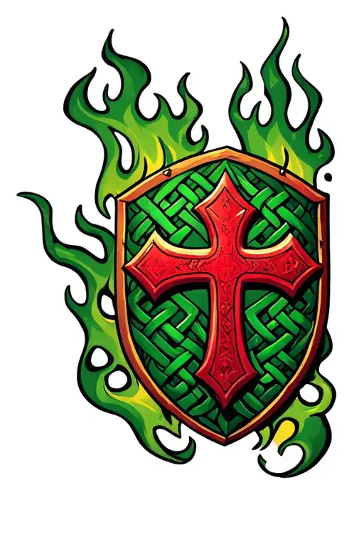 3D Red Jerusalem Cross Against A Crusader Shield Made Of Green And Black Celtic Knot Flames