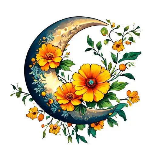 Crescent Moon With Marigold And Cosmos Flower Tattoo Traditional American Style