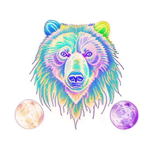 Color Grizzly Bear Green Blue Pink Purple Orange Black Pine Trees Full Moon