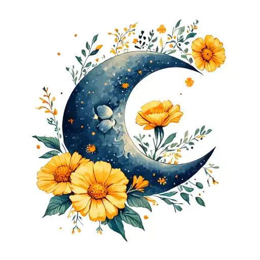 Crescent Moon With Marigold And Cosmos Flower