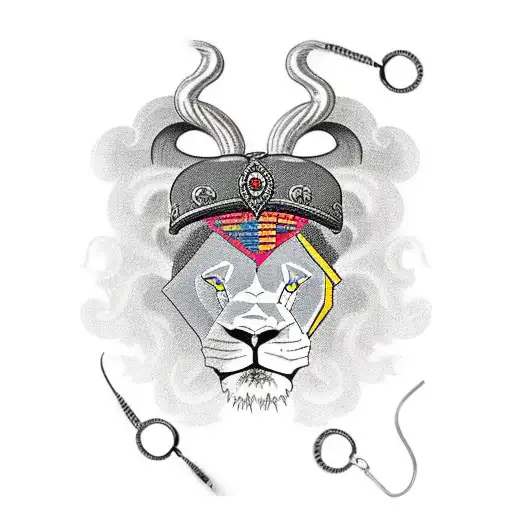Lion Head With Ram Horns And A Necklace Containing 3 Feathers And Beads