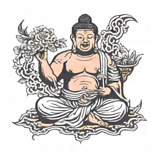 Buddha Standing With One Hand Up For The Forearm Wearing An Oni Mask