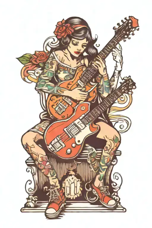 Eletric Guitar And Girl Sitting Together