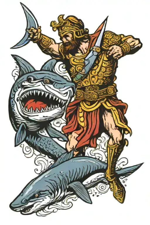 Ancient Greek Mythology Soldier Fighting With Shark
