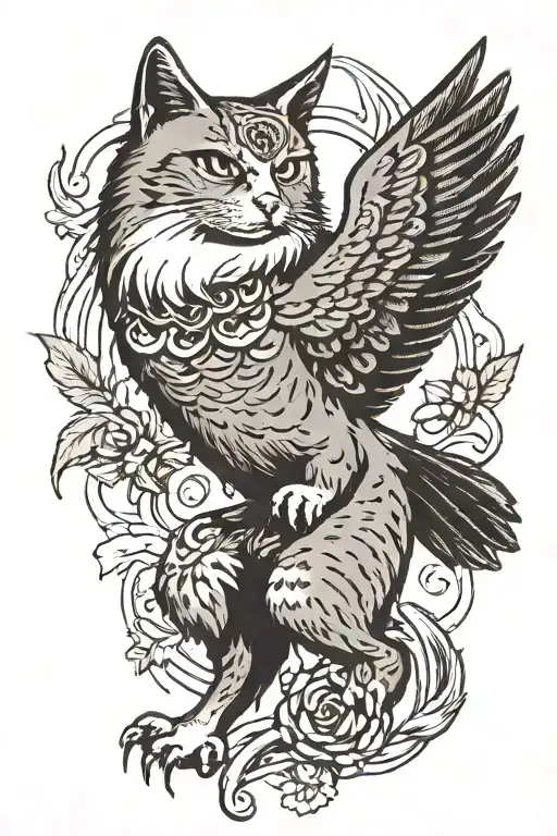A Grey Cat Fighting An Owl Flying