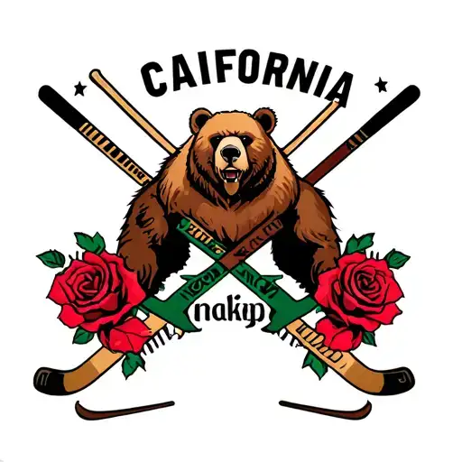 California Flag Bear With Hockey Sticks As X Behind It And Two Roses