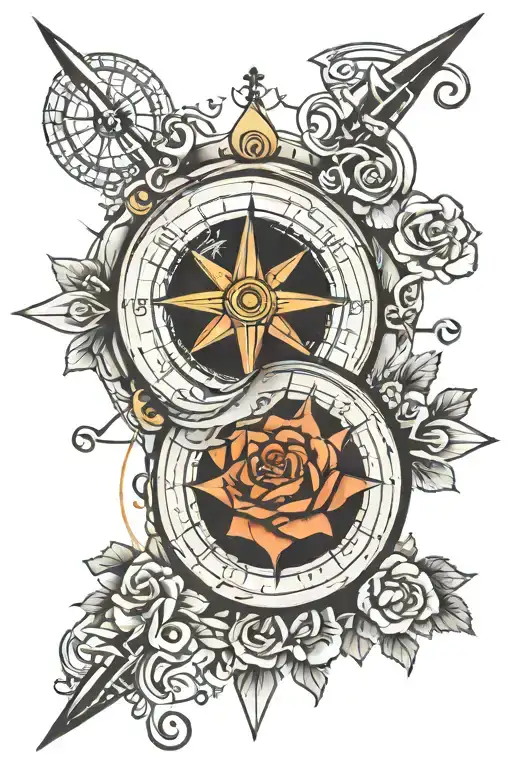 Compass Tattoo With Eye And Rose Intertwined