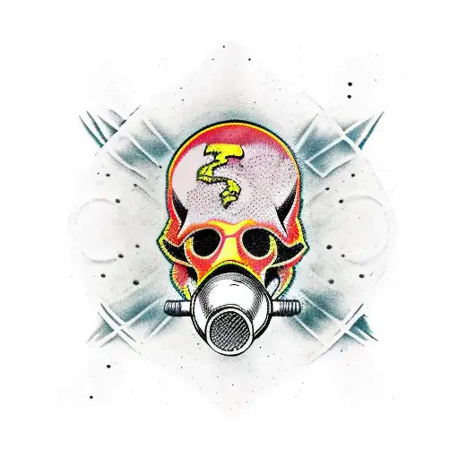 Shattered Flaming Gas Mask With A Skull Inside