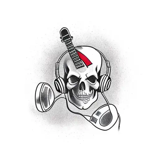 A Traditional Tattoo Of A Skull Wearing Headphones And Playing A Guitar