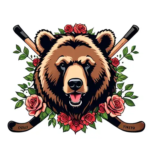 California Bear With One Hockey Stick Behind It And A Couple Roses