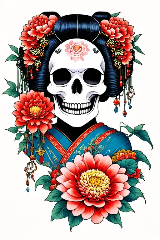 Skull Under A Geisha And A Chrysanthemum Flower