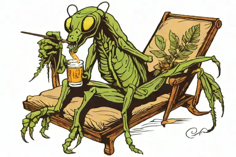 Praying Mantis In A Beach Chair Smoking A Cigarette And Drinking Whiskey