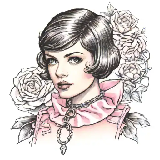 Sissy Slave Pink Leather Collar-with-chain-leash Pixie-cut Brown Hair Blue Eyes Medium Chest