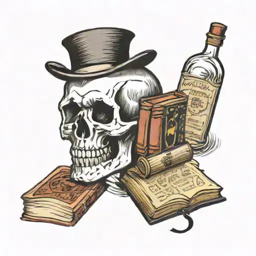 Skull With 3 Staked Books And A Bottle Of Winr On The Left Side