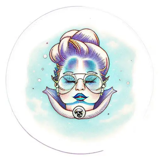 Blue Space Bun Hair And Circle Glasses Woman Neo Traditional
