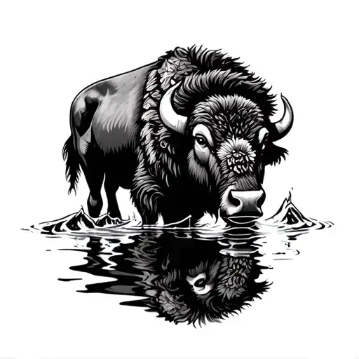 Bison Head Drinking Water With Reflection Black And White