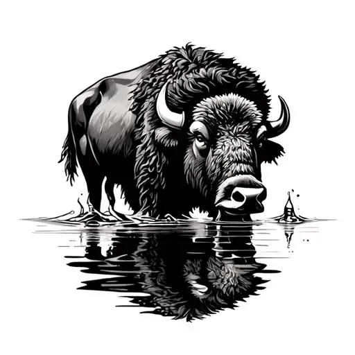 Bison Head Drinking Water With Reflection Black And White