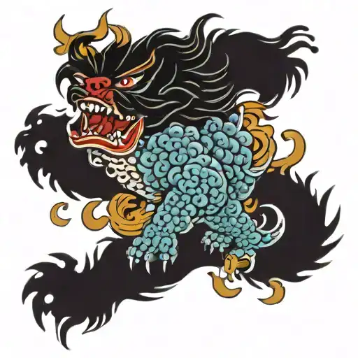 A Japanese Foo Dog Battling A Mythical Sea Creature In A Traditional Japanese Art Style