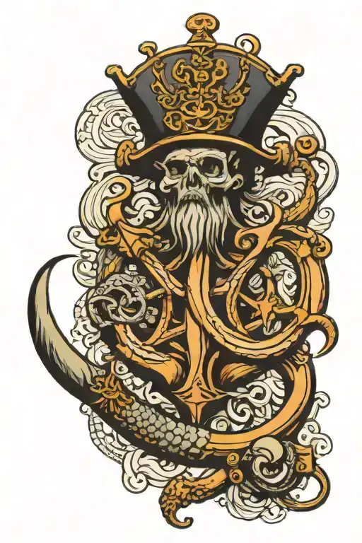 Kraken With Ship Helm And An Anchor