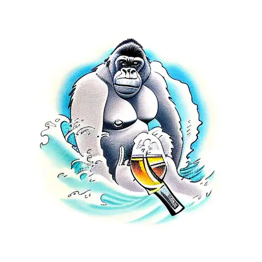 Gorilla Surfing A Big Wave Drinking A Beer