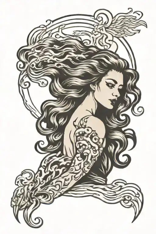 Woman Fire In Hands Wind In Hair