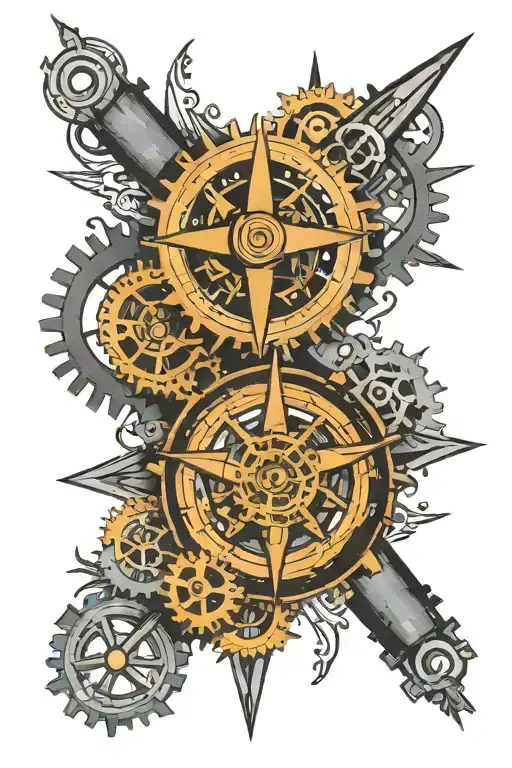 A Compass Rose With Gears And Motorcycle Parts Incorporated Into The Design