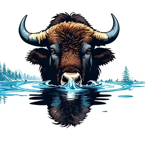Bison Head Drinking Water With Mirrored Reflection