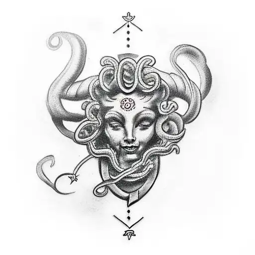 A Traditional-style Tattoo Of A Medusa Head With Musical Symbols Incorporated