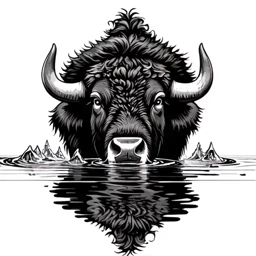 Bison Head Drinking Water With Reflection Black And White