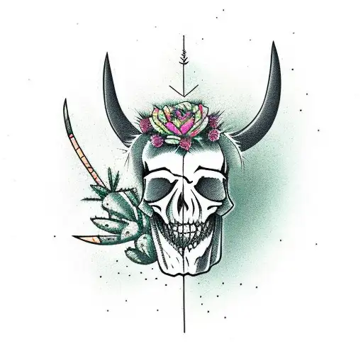 Western Bull Skull With A Cactus And An Axe