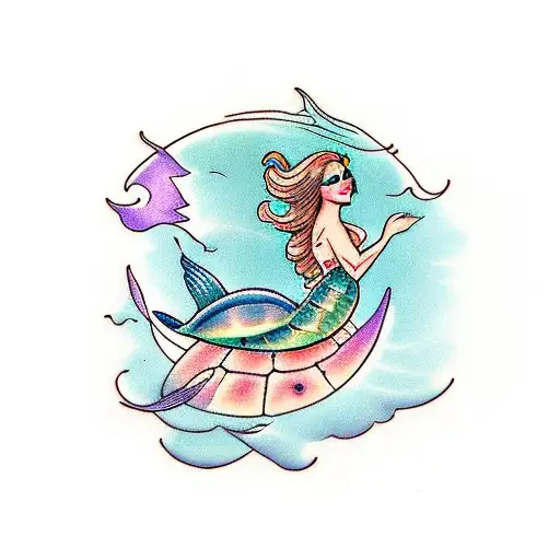Mermaid Riding On O A Sea Turtle