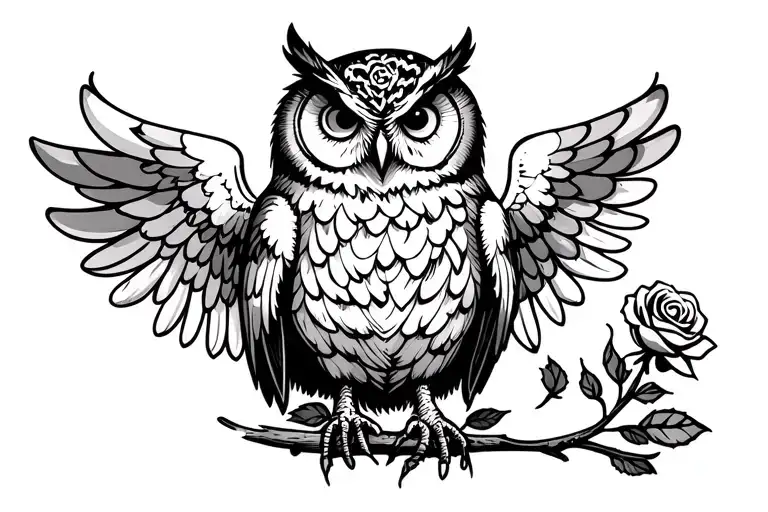 Owl With Wings Up Holding A Rose