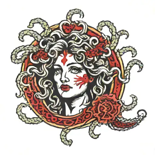 Medusa With Red Handprint In The Middle