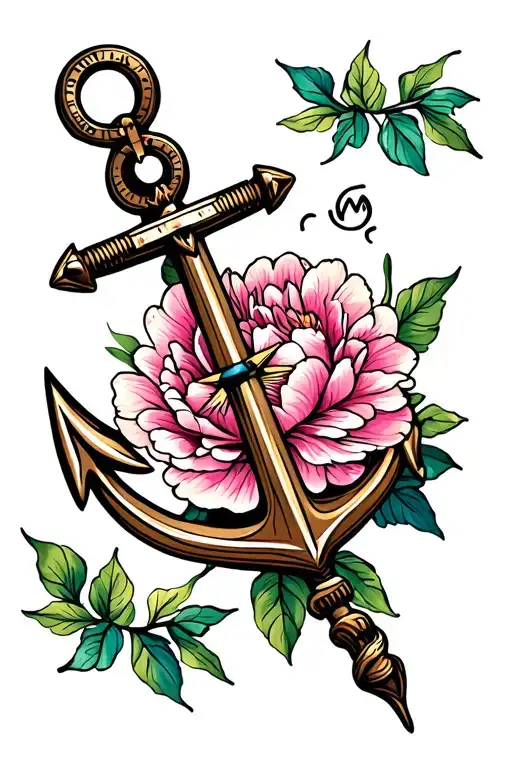 Compass Wand Anchor With Peonie Flowers And Leaves