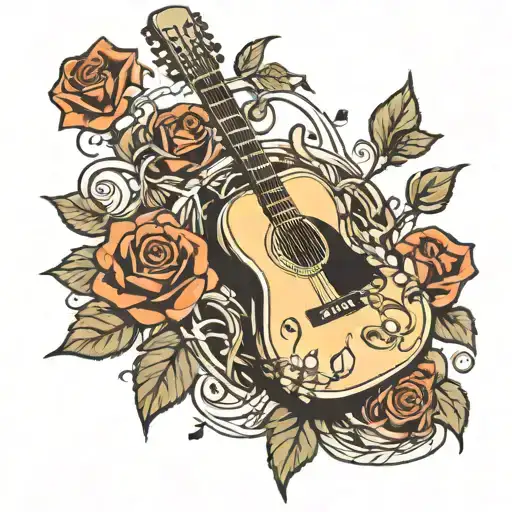 Guitar With Vines Wrapping Around It And Roses Growing Off Of Vines
