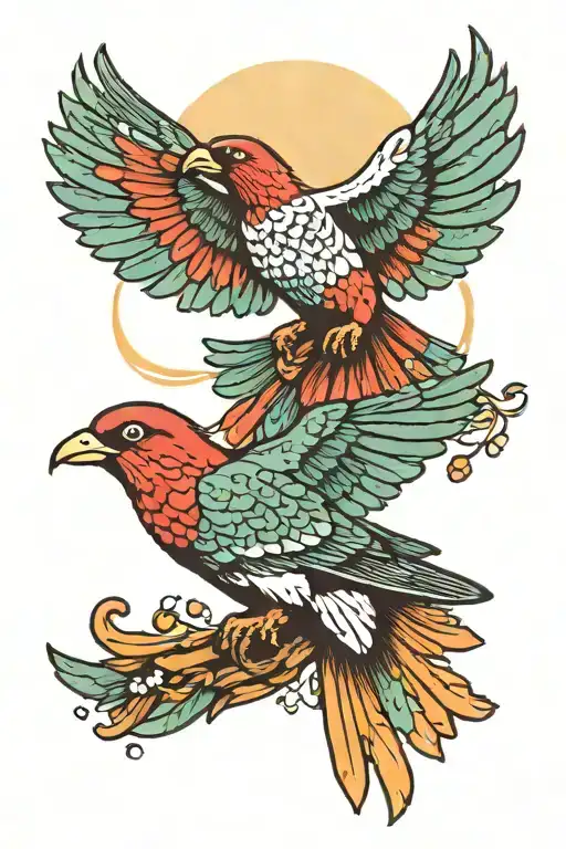 Quetzal And A Dove Flying Towards The Sun