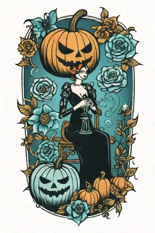 A Tattoo Inspired By Tim Burton's Style Featuring Pumpkins And Flowers