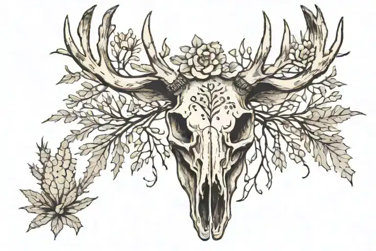 Deer Skull With Mesquite Trees And Cactus In Antlers