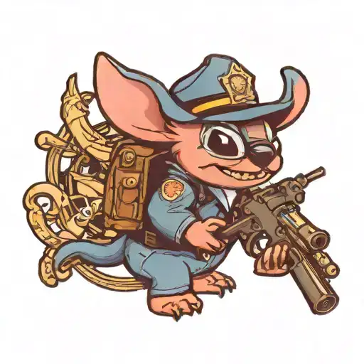 Stitch In A Police Uniform Holding A Gun