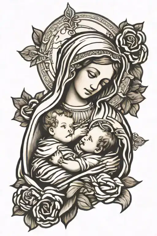 Blessed Virgin Mary With Halo Holding Faceless Baby
