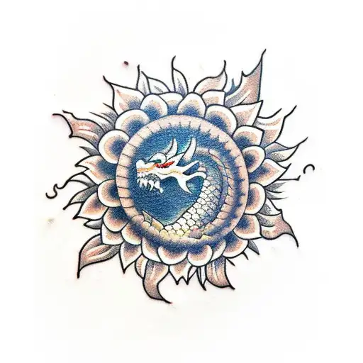 A Traditional Style Tattoo Of A Dragon Emerging From A Sunflower