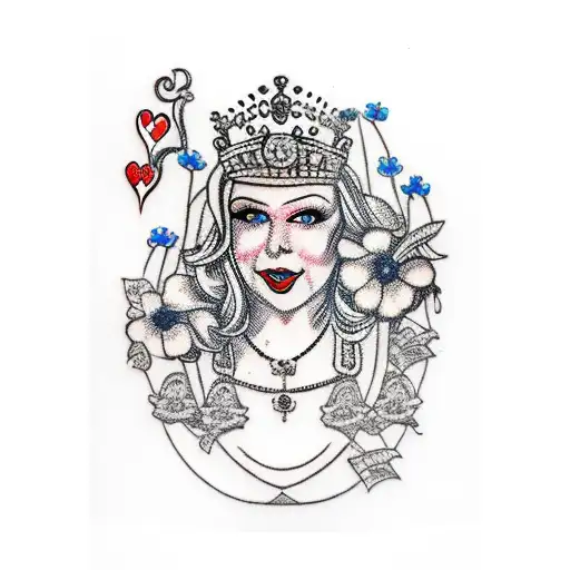Crow As The Queen Of Hearts Sitting On A Revolver Adorned With Forget-me-nots