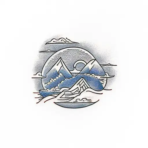 A Traditional-style Tattoo Featuring A Mountain Landscape With A Winding River